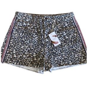 CHELSEA & VIOLET Leopard jean shorts frayed hem ribbon trim pockets 29 NWY